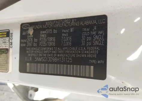 2008 Hyundai Santa Fe Gls z USA, uszkodzony, nr VIN 5NMSG13D98H131125